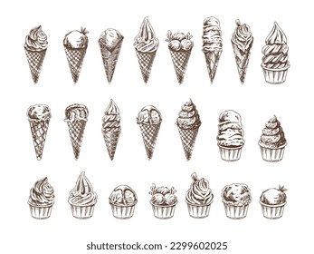 Big hand-drawn sketch of ice cream or frozen yoghurt in cups and cones, cupcakes. Vintage illustration. Set. Element for the design of labels, packaging and postcards.