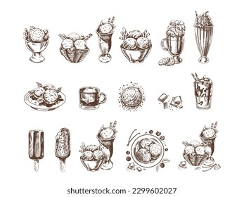 Big hand-drawn sketch of ice cream or frozen yoghurt, milkshakes, ice cream on a stick, cupcakes, cookies. Vintage illustration. Set. Element for the design of labels, packaging and postcards.