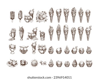 Big hand-drawn sketch of ice cream or frozen yoghurt in waffle cups and cones, milkshakes, ice cream on a stick, cookies. Element for labels, packaging and postcards. Sweet food.