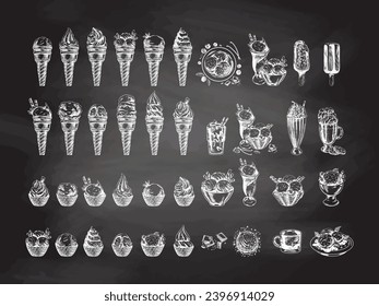 Big hand-drawn sketch of ice cream or frozen yoghurt in waffle cups and cones, milkshakes, ice cream on a stick, cookies on chalkboard background. Element for labels, packaging and postcards. Sweet.