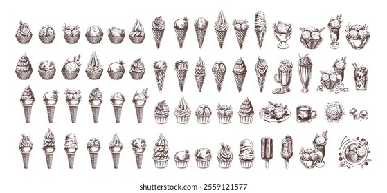 Big hand-drawn sketch of ice cream or frozen yoghurt in cups and cones, milkshakes, ice cream on a stick, cupcakes, cookies. Vintage illustration isolated on chalkboard background. Set. 