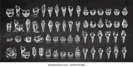 Big hand-drawn sketch of ice cream or frozen yoghurt in cups and cones, milkshakes, ice cream on a stick, cupcakes, cookies. Vintage illustration isolated on chalkboard background. Set