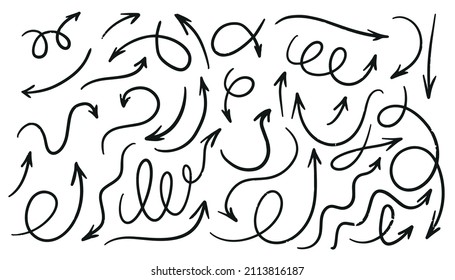 Big hand-drawn various arrows set. Black arrows on white background. Vector Isolated icon