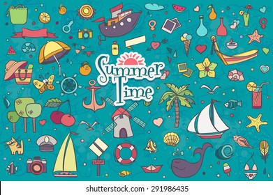 A big hand-drown colorful set of summer doodles 
