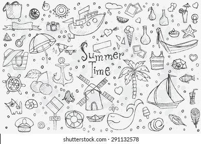 A big hand-drown set on white background of summer doodles with black outlines
