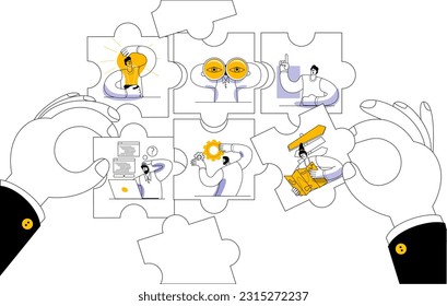 Big hands assemble puzzles with characters. Different employees go about their business in the puzzle pieces. Vector illustration on the theme of creating a properly interacting business structure.