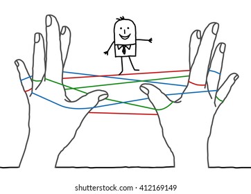 big hands and cartoon businessman - clean network