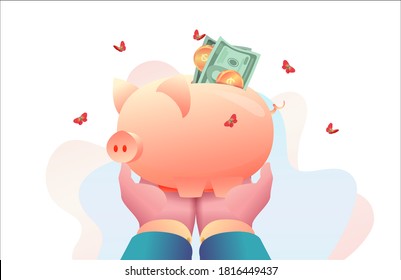 Big hands of CEO of head are holding piggy bank with money. Metaphor of investment, capital accumulation. Concept of savings money retirement under protection of leader. Perks benefits for personnel