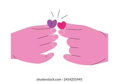 Big hands clinking small hearts. Pink human hands illustration. Vector colored icons on white background. 