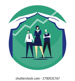Big hands cover business people. Concept of protection of business. Vector illustration.
