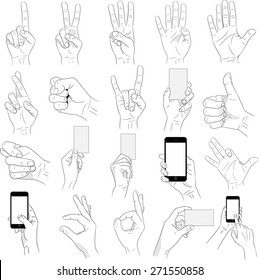 Big Hands Gesture Collection. Hand With Mobile Phone, Hand Holding Business Card, Hand Counting Fingers, Rock Sign, Thumb Up Sign, Fist. Black And White Set