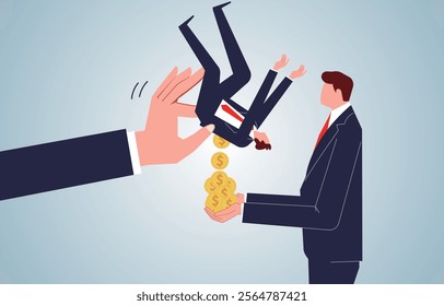 big hands hanging and shaking small businessmen pouring out lots of gold coins