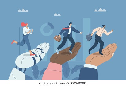 Big hands helping businessmen step into growth and advancement, Business support with artificial intelligence, AI, Consulting, Helping employees to succeed. Vector design illustration. 