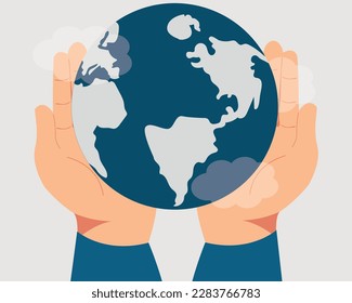 Big hands hold the blue planet earth with love and care. Mother earth supports Energy saving and world earth day. Symbol of respect for nature and environment. Vector illustration