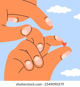 Big hands holding heart. Giant hand holds tiny little Heart in the sky. Romance, support, assistance, saving life, love, responsibility concept. Hand drawn Vector illustration. Design, print template