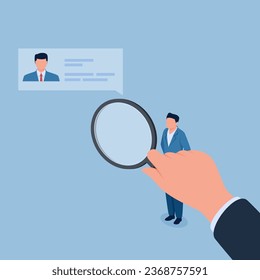 big hands holding a magnifying glass examining potential new employees, metaphor of recruitment