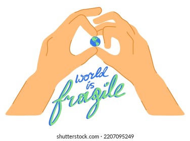 Big hands holding small Earth. World is fragile. Pacifism concept. Vector isolated illustration. Earth Day.