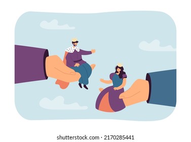 Big hands holding tiny sitting queen and king. Couple of man and woman in crowns and royal dresses flat vector illustration. Monarchy, kingdom concept for banner, website design or landing web page