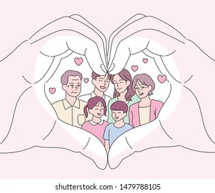 Big hands making a heart gesture. There is a happy family in it. hand drawn style vector design illustrations. 