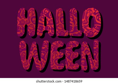 Big handwritten word HALLOWEEN with pattern texture and shade. Funny violet ghosts on orange background on hand drawn letters. Element for halloween party, dark purple colors.