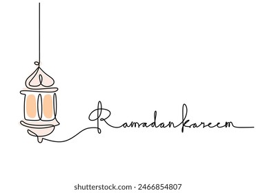 Big Hanging lantern with ramadan kareem handwritten inscription. One line drawing of phrase hand writing calligraphy card lettering isolated on white background.