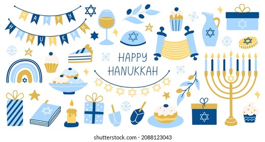 Big Hanukkah set. Collection of vector colorful flat Hanukkah symbols with menorah, coins, donuts.