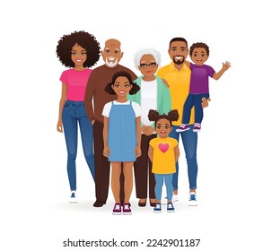 Gran feliz familia afroamericana con abuelos y niños ilustrados vectoriales aislados. Madre, padre, hija, hijo, abuelo, abuela juntos.