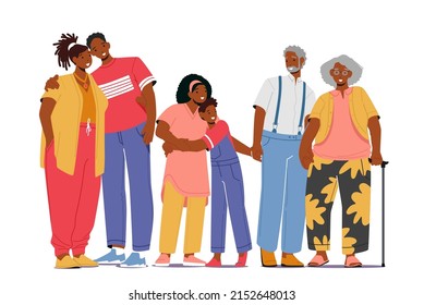 Big Happy African Family Characters Father, Mother, Grandparents and Children Hugging, Holding Hands. Loving Parents and Kids Bonding, Relations, Relaxed Sparetime. Cartoon People Vector Illustration