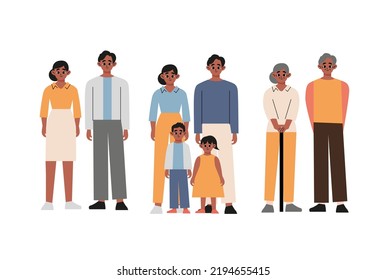 Big Happy African Family Characters Father, Mother, Grandparents and Children Hugging, Holding Hands. Loving Parents and Kids Bonding, Relations, Relaxed Sparetime. Cartoon People  Flat vector