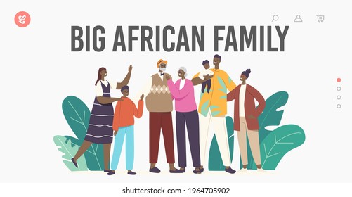 Big Happy African Family Landing Page Template. Father, Mother, Grandparents and Children Characters Hugging, Holding Hands. Loving Parents and Kids Bonding, Love. Cartoon People Vector Illustration