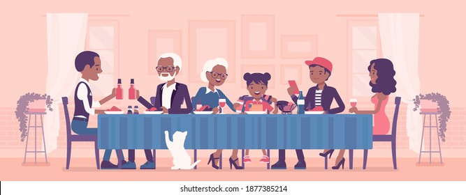 Big Happy Black Family Eating Festive Dinner At Table. Holiday Gathering For Many People Of Different Generations, Friends, Community, Dining Traditions. Vector Creative Stylized Illustration