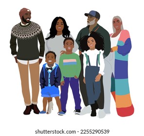 Big happy black family vector realistic illustration isolated on white. African american Children, mother, father, grandfather and grandmother. Parents, grandparents, grandchildren standing together.