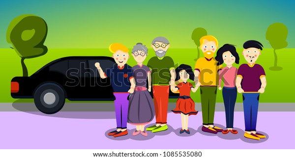 Big happy character family \
at black car\
on road: father, mother, grandfather, grandmother, son, daughter,\
brother, sister. Parents preparing for trip. Modern flat cartoons\
vector illustration.