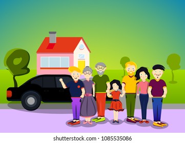 Big happy character together family 
at black car, at home, house on road: father, mother, grandfather, grandmother, son, daughter. Modern flat cartoons vector illustration. Parents preparing for trip
