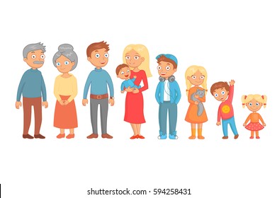 Big happy cheerful family consisting of a father, mother, grandmother, grandfather, daughters, sons, and cat, posing together. Funny bright cartoon character. Vector illustration.