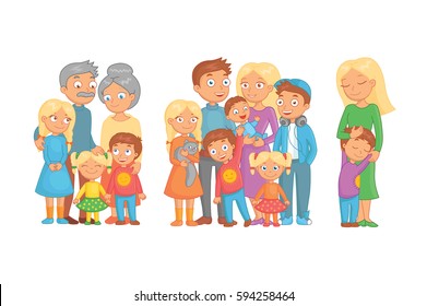 Big happy cheerful family consisting of a father, mother, grandmother, grandfather, daughters, sons, and cat, posing together. Funny bright cartoon character. Vector illustration.