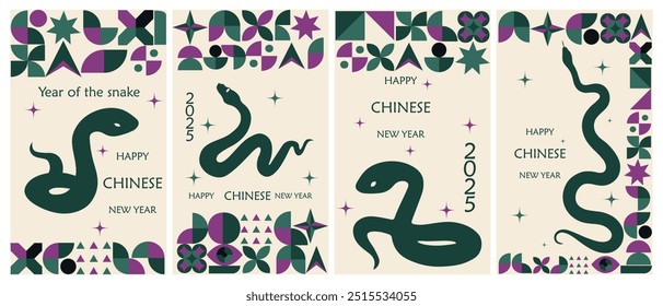 Big Happy Chinese New Year backgrounds with snakes and geometric shapes in green colors. Vertical vector posters. . New Year banners, posters, newsletters. 2025 Lunar New Year