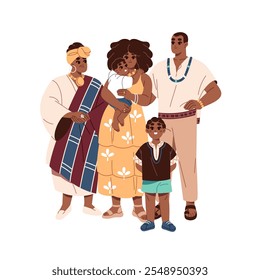 Big happy family of African nationality. Parents with kids, granny in traditional clothes stand together. Mother and father hold their baby. Flat isolated vector illustration on white background.