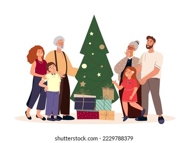 Big Happy Family around Christams Tree and Gifts,Presents Boxes Celebrating New Year and Xmas Together.Grandparents,Young Woman and Man,Kids,Children decorating Chrismas Tree.Flat vector Illustration