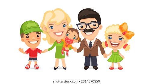 Big Happy Family in Cartoon Style. Mother, father, daughter and son. Isolated on white background. Vector Illustration.