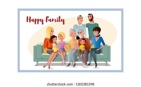 Big Happy Family Cartoon Vector Concept with Senior Couple Sitting on Sofa, Gathering Together with Their Children and Grandchildren Illustration Isolated on White. Three Generation of United Family