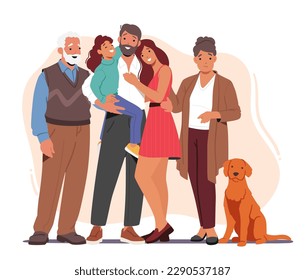 Big Happy Family Characters Stand Together, Smiling And Laughing, Radiating Love And Togetherness, With A Sense Of Belonging And Love That Binds Them Together. Cartoon People Vector Illustration