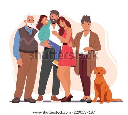 Big Happy Family Characters Stand Together, Smiling And Laughing, Radiating Love And Togetherness, With A Sense Of Belonging And Love That Binds Them Together. Cartoon People Vector Illustration