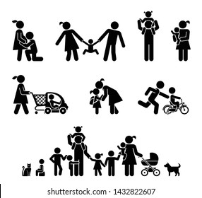 Big happy family. Children and their parents. Pictograms presenting parental love and care for children.