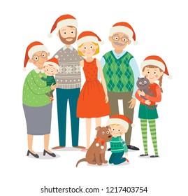 Big happy family in Christmas hats with pets. Grandparents, parents and children together. Cartoon vector hand drawn eps 10 childrens illustration isolated on white background in a flat style