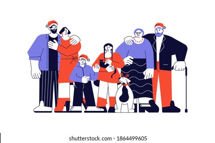 Big happy family in Christmas hats vector portrait with pets standing together. Merry Christmas and Happy New Year card illustration.