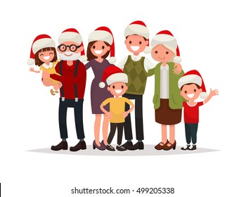 Big happy family in Christmas hats. Grandparents, parents and children together. Vector illustration of a flat design