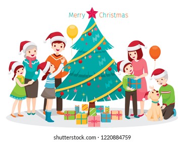 Big Happy Family, Christmas Tree and Gifts, Holiday Party at Home, New Year, Xmas, Animals, Festive, Celebrations