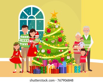 Big happy family at a Christmas tree.