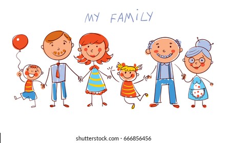Big happy family consisting father  mother  daughter  son  grandparents posing together  In the style children's drawings  Funny cartoon character  Isolated white background